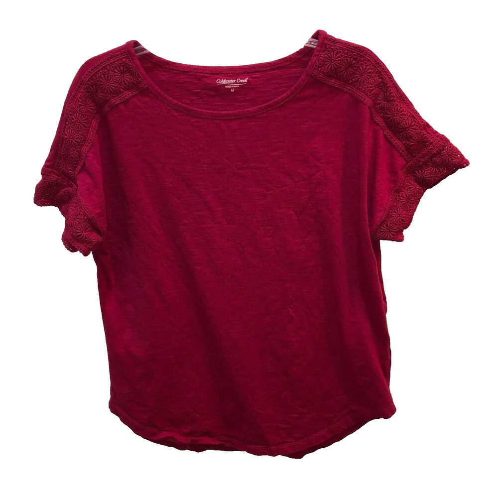 Coldwater Creek Top Womens Medium Pink Cotton Crochet Accents on Sleeves Shirt